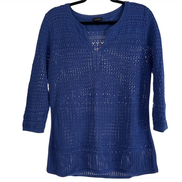Talbots Tops - Talbots Quarter Sleeve Tee Top Womens M Blue Open Knit Pullover EUC